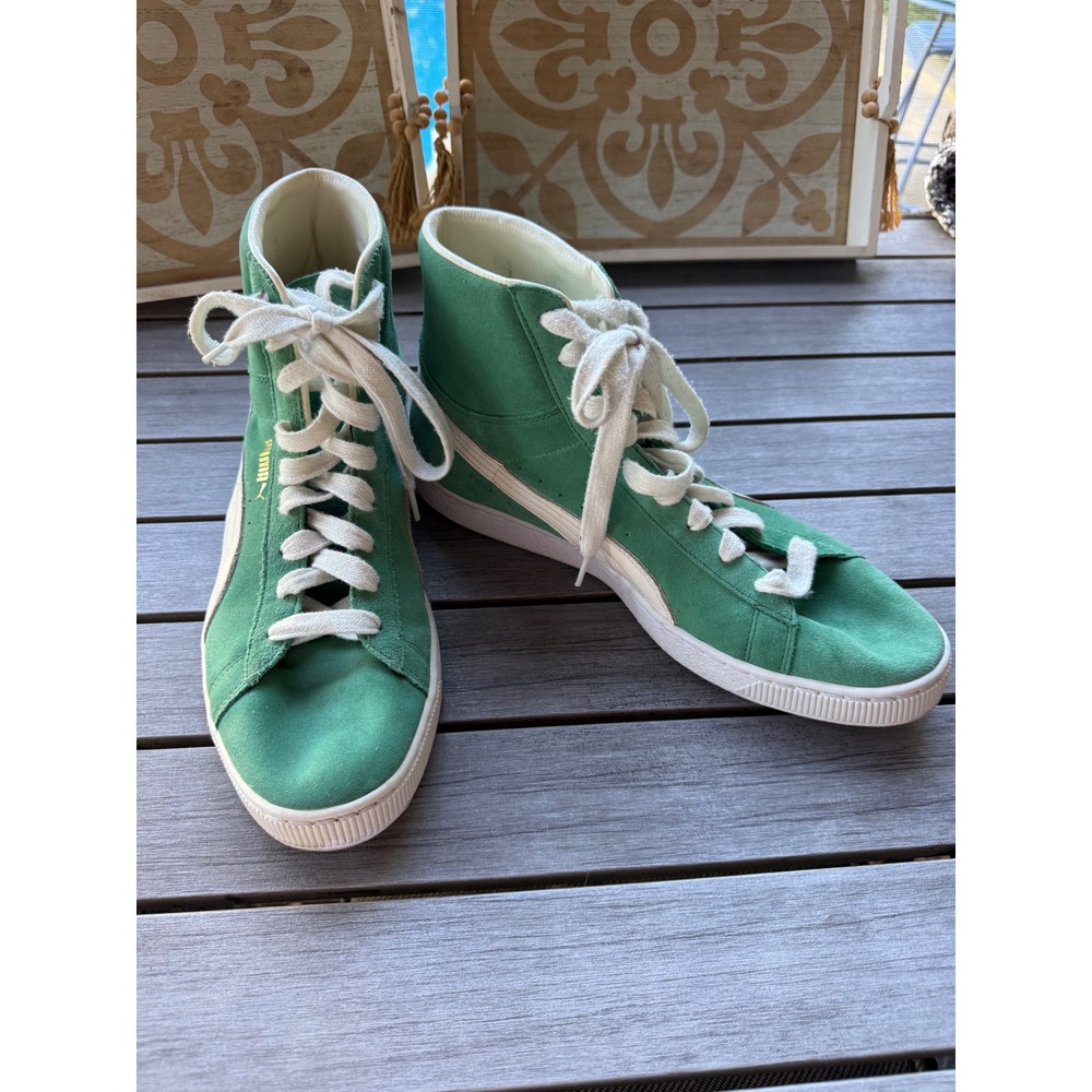 Puma Suede Mid sz 13 men sneakers green & white classic white soles laces sporty